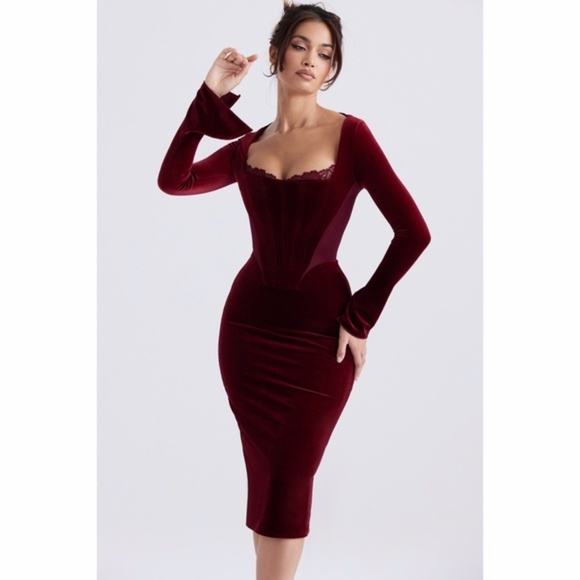 NEW House of CB Solaine Velvet Dress Wine Large - Picture 7 of 17